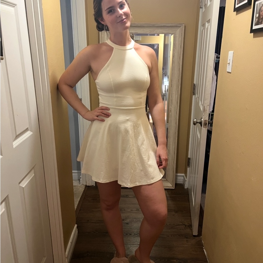 Lulu's Cream Fit and Flare Halter Mini Dress